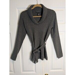 100% Cashmere Wrap Sweater Womens Sz S Gray Tie Waist Cowl Neck Soft Luxury Knit